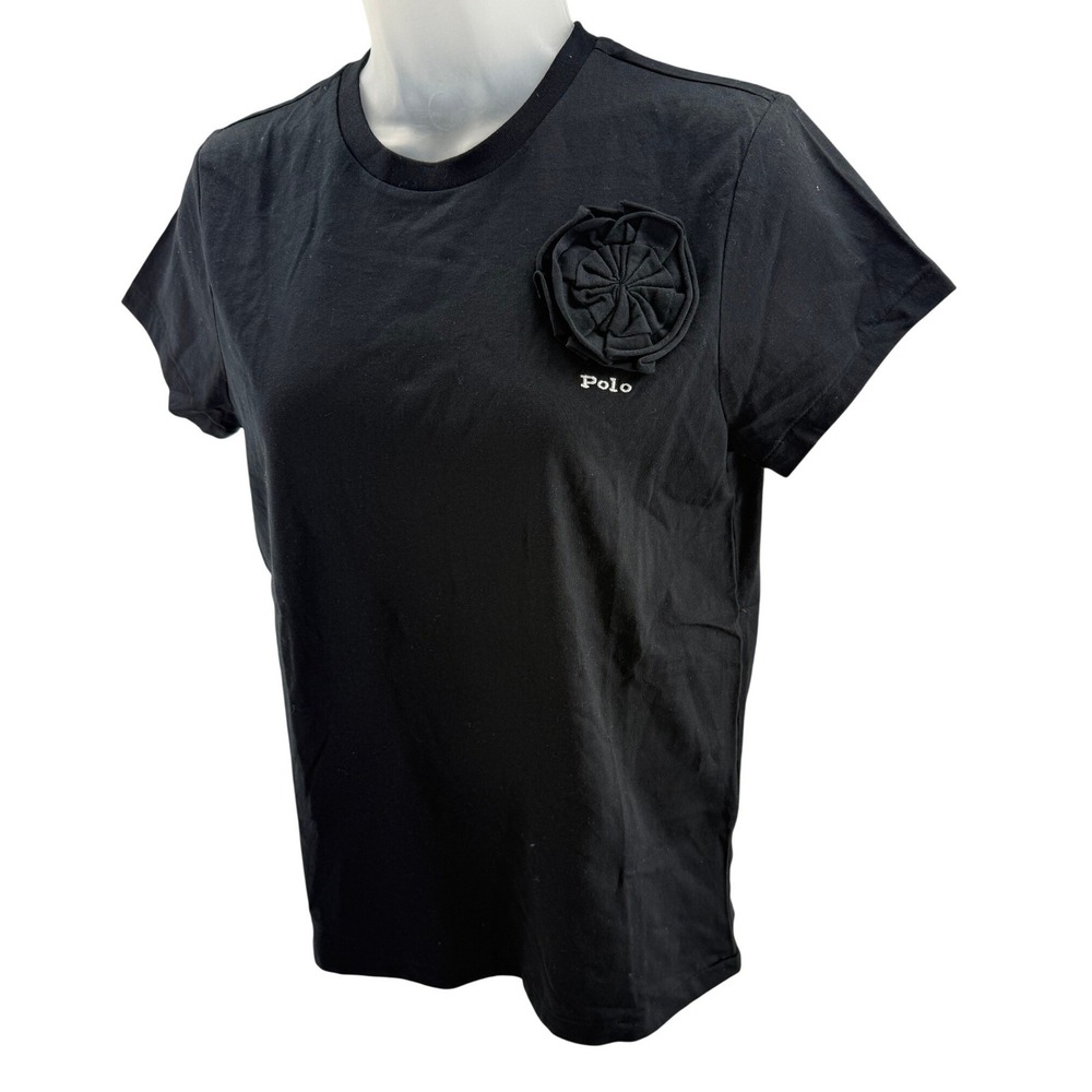 Polo Ralph Lauren Womens Black Rosette Applique Short Sleeve Tee Shirt Small NEW
